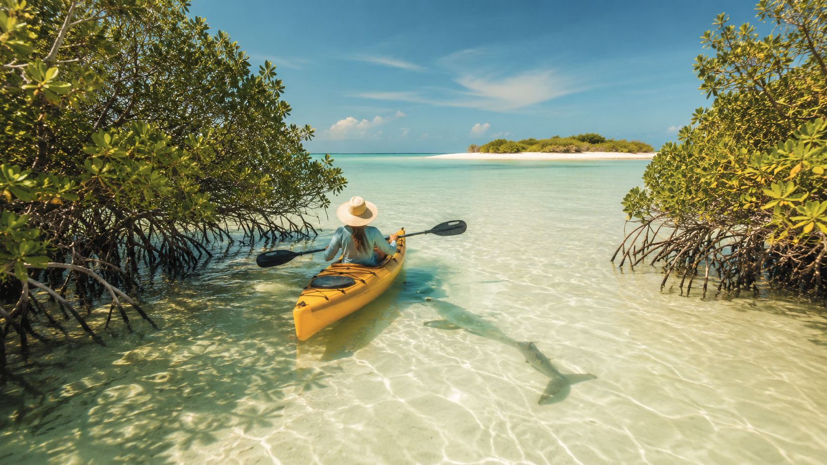 A person in a yellow kayak exploring shallow turquoise waters between lush mangrove trees on a sunny day.