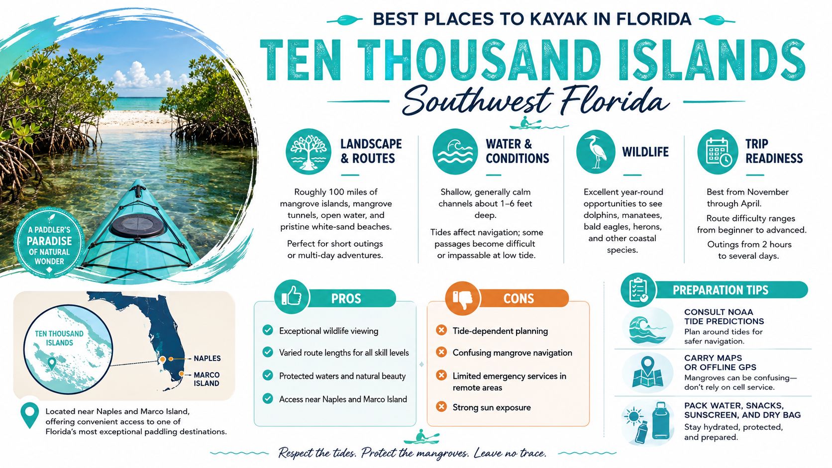 A travel infographic titled Ten Thousand Islands showing paddling locations, wildlife, preparation tips, pros, and cons.