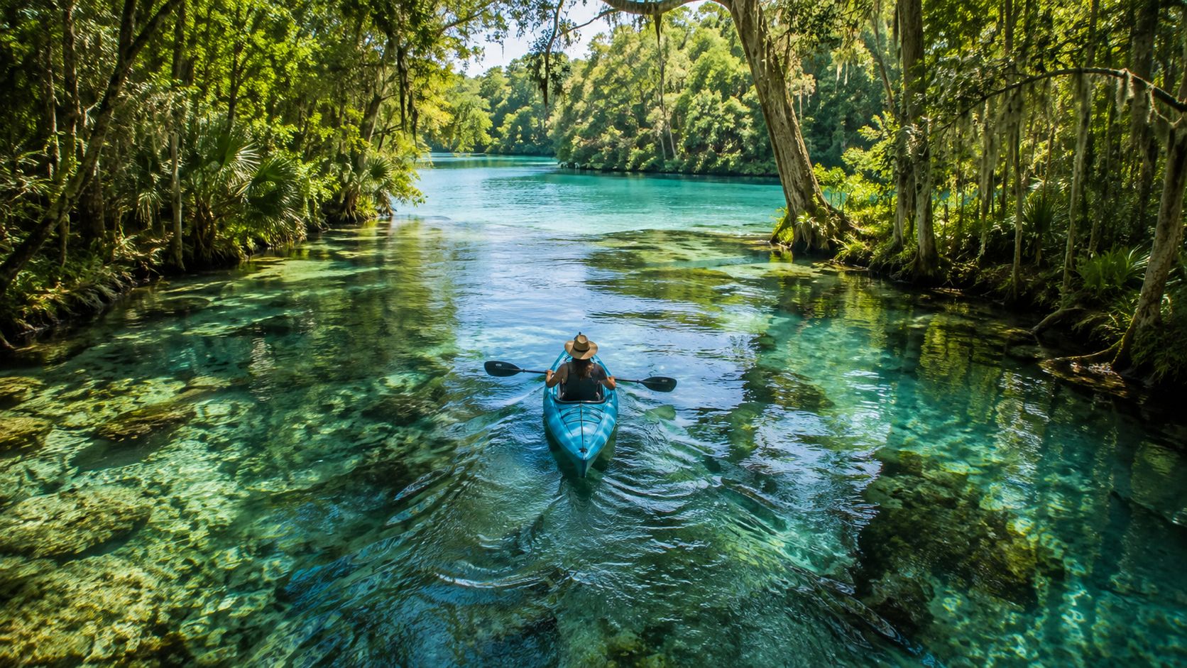A person wearing a hat paddles a blue kayak through the crystal clear, turquoise water of a river.