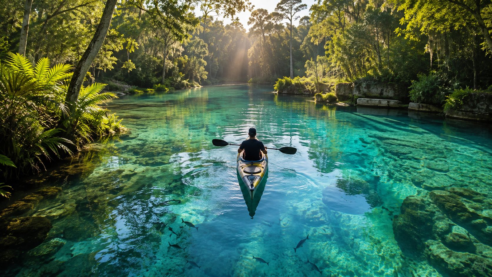 A person kayaking on crystal clear blue spring water surrounded by lush green trees and sunlight.