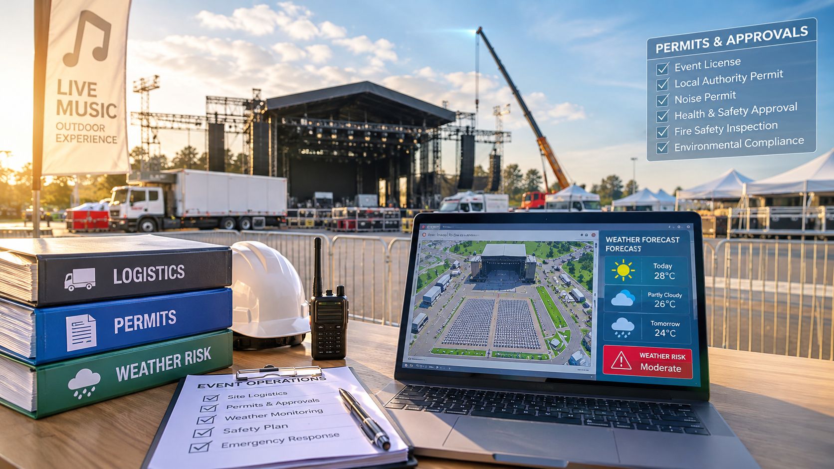 A laptop displays site logistics and weather data on a desk with planning binders at a festival venue.