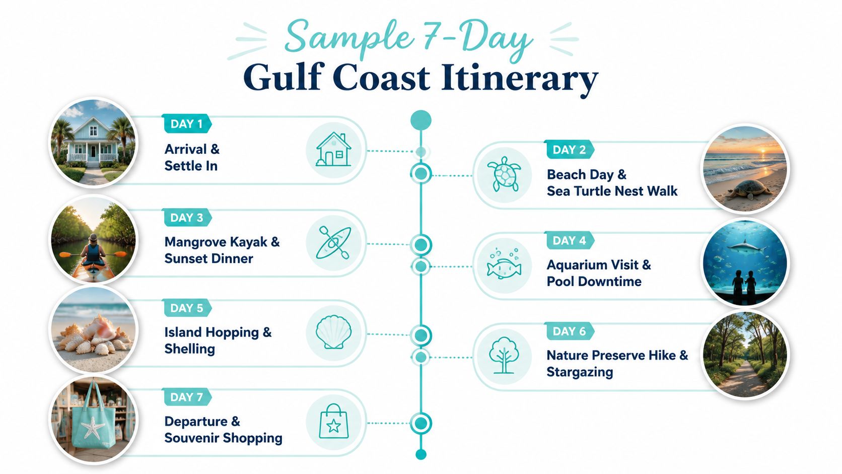 A 7-day Gulf Coast travel itinerary featuring daily activities like beach visits, kayaking, and island hopping.