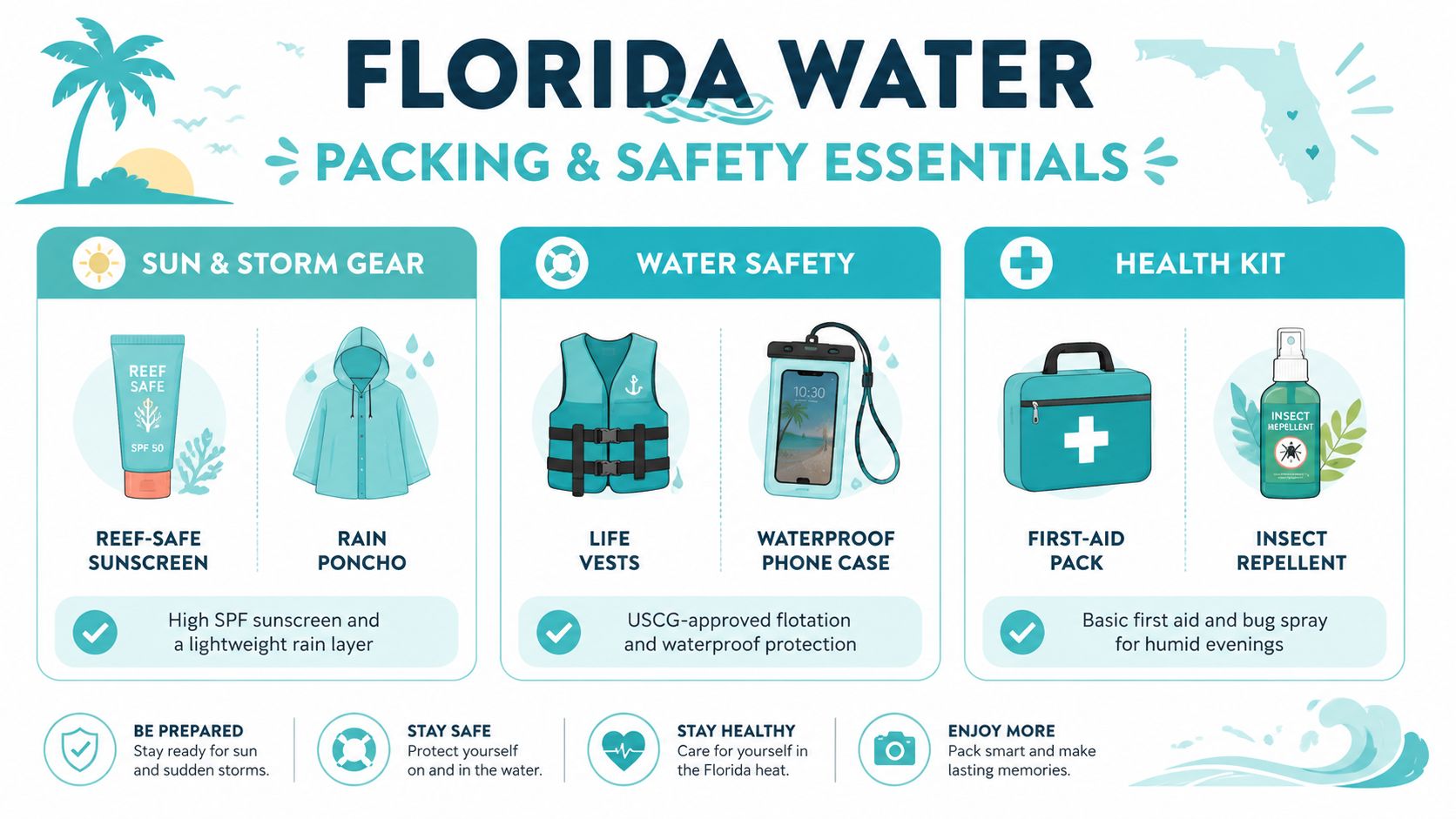 An infographic titled Florida Water Packing and Safety Essentials showing necessary gear for sun, storms, and water activities.