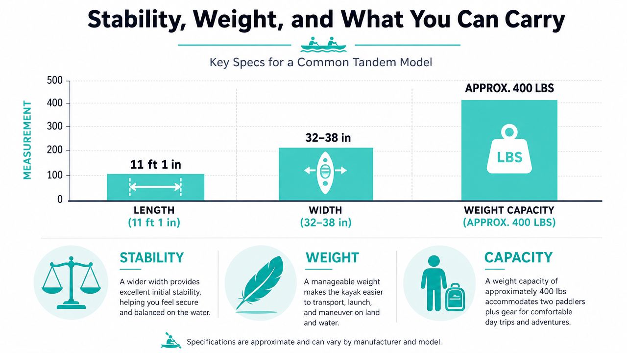 An infographic showing the length, width, and weight capacity specifications for a common tandem kayak model.