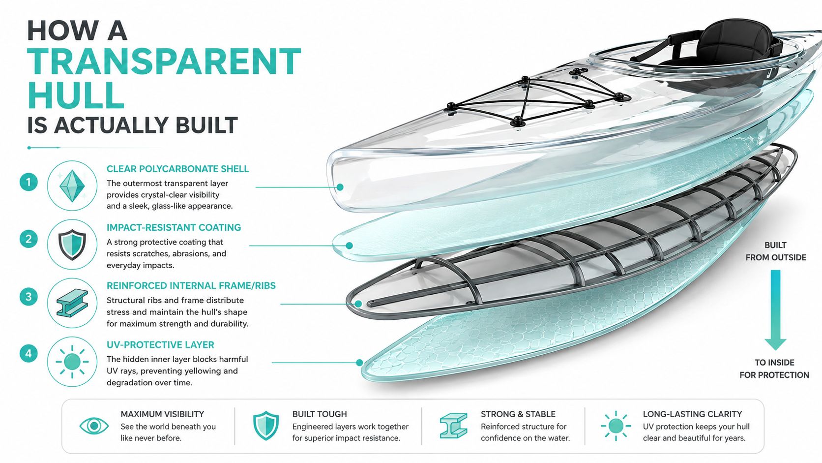 An infographic diagram illustrating the four structural layers that comprise a durable and clear transparent kayak hull.