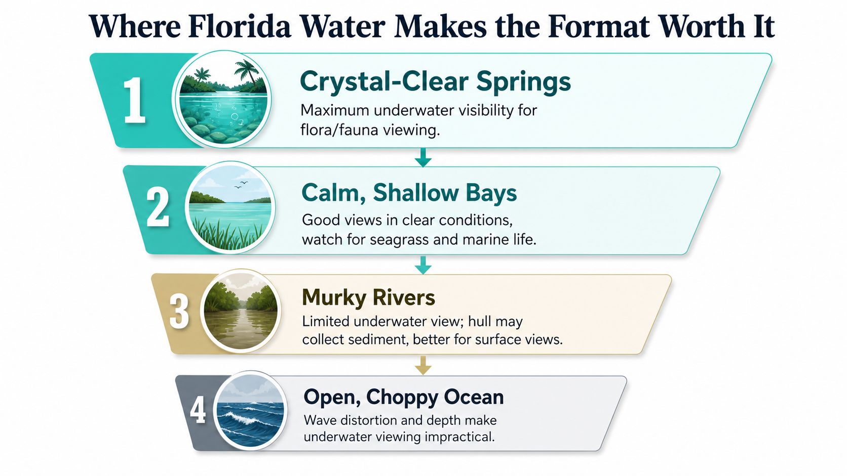 An infographic detailing the best Florida water environments for using clear-bottom kayaks, ranked from clear to choppy.