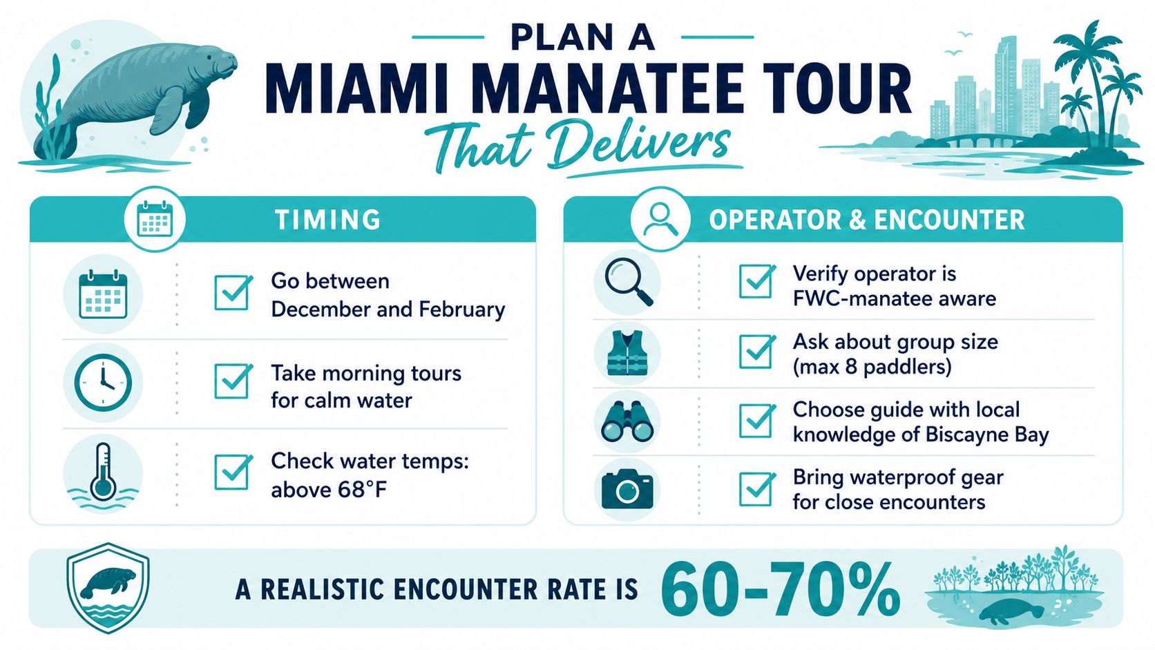 An infographic detailing tips for planning a successful Miami manatee tour, including timing and operator selection.