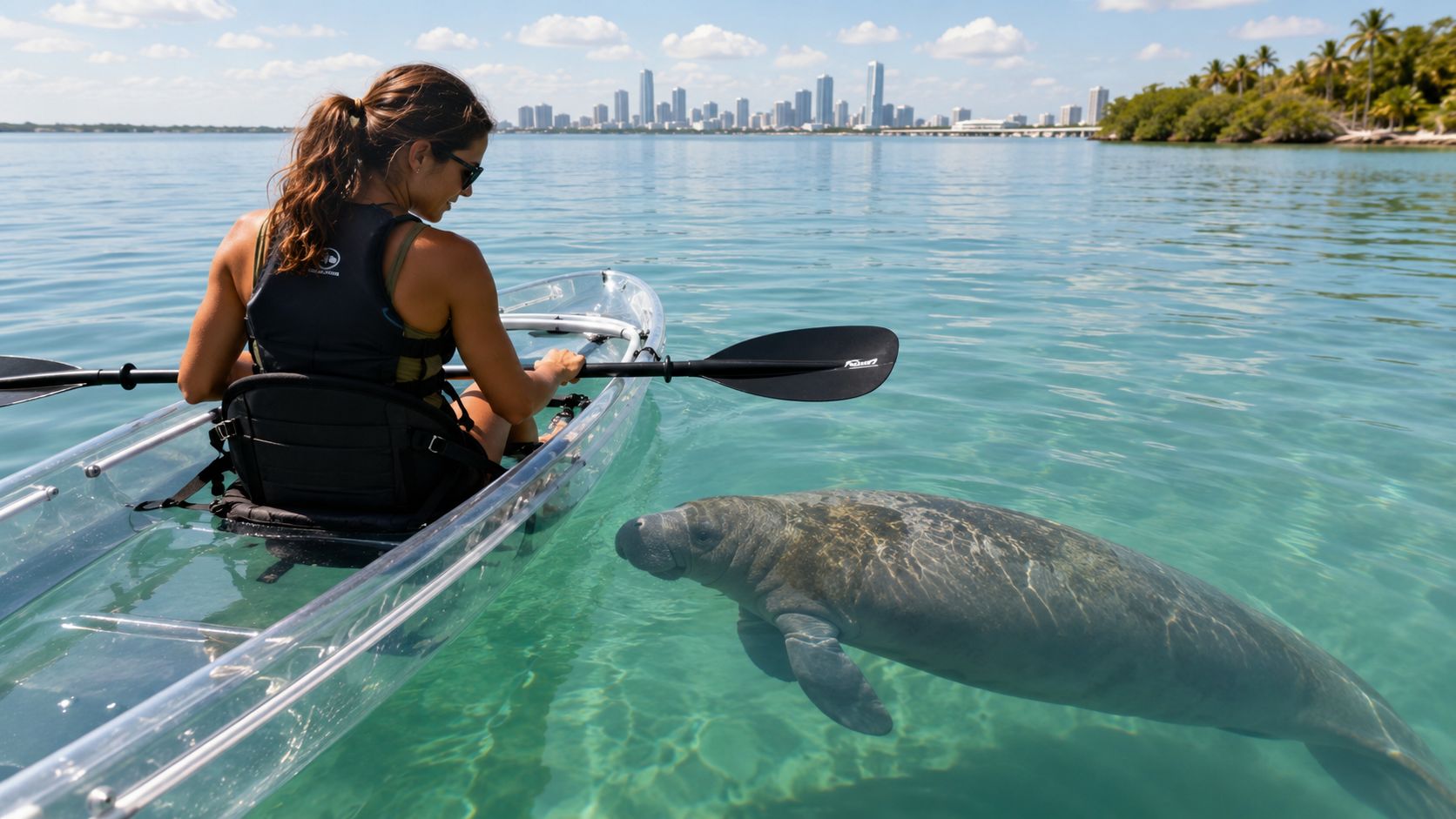 A woman in a clear kayak observing a manatee in clear water near the Miami city skyline.