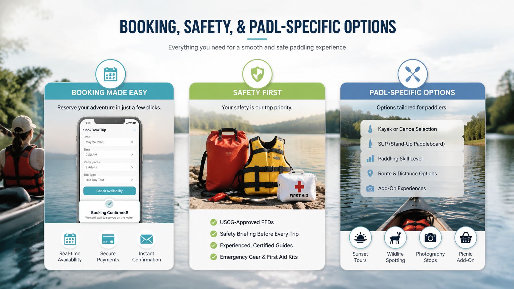 A graphic detailing booking, safety, and paddle-specific options for a guided water recreation service.